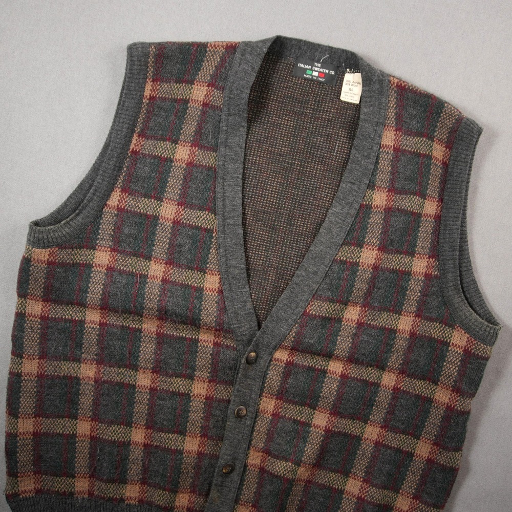 Vintage 80s Plaid Golf V-Neck Italian Sweater Open Front Men Sweater Vest XL